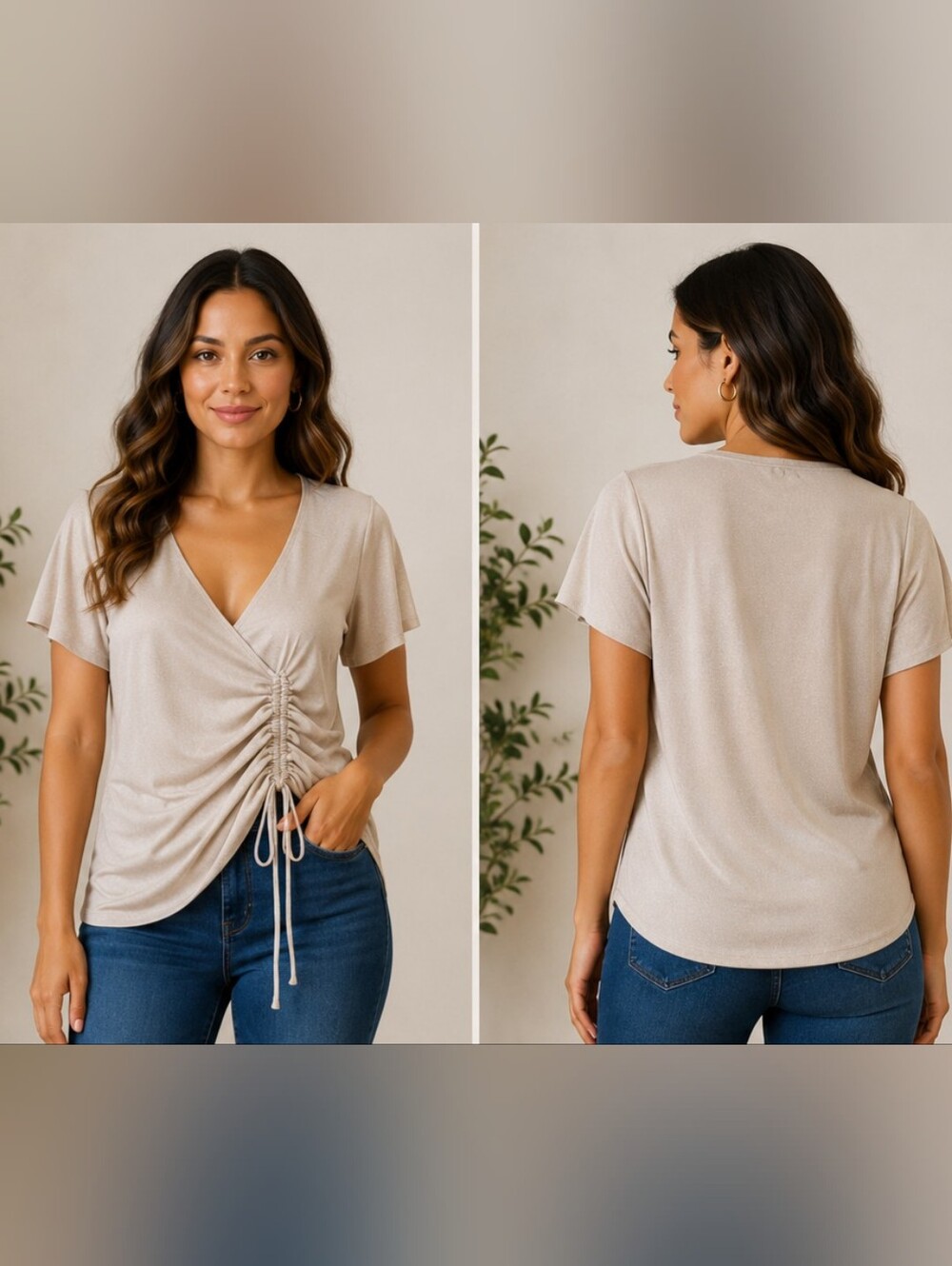 Ruched V-Neck Short Sleeve Top in Beige